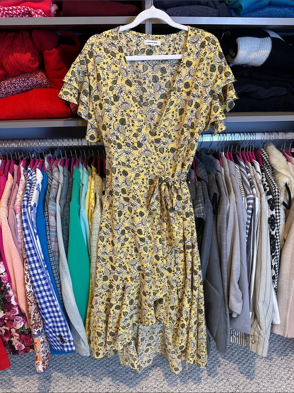 Max Studio yellow/olive floral short sleeve hi low wrap midi dress size XS